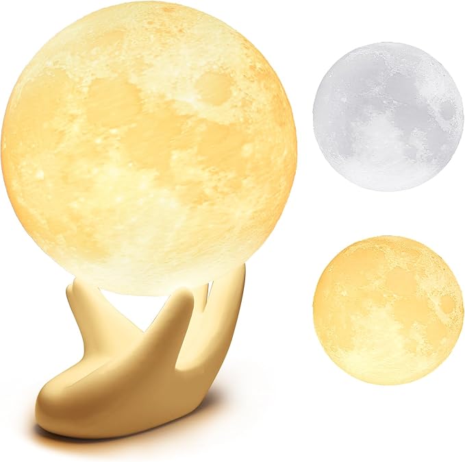 Mydethun 3.5 Inch 3D Moon Lamp – Valentine Gifts for Women Teenage Girls, Mood Lighting w/Ceramic Base, White Elephant Gifts in Dual-Color White/Yellow, Touch-Dimmable LED Night Light for Kids Room