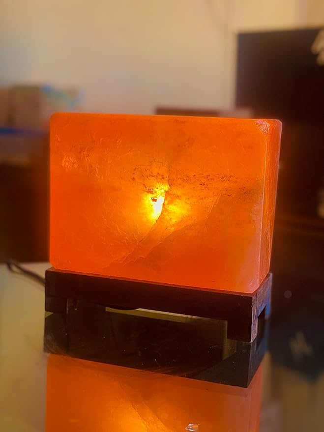 HL Himalayan Pink Salt Lamp 6.5 x 7.5 x 4 Inches – Natural Rectangular Crystal Rock Salt Lamp with Wooden Base, Dimmer Switch & 2 Bulbs – Soothing Amber Night Light for Home & Office