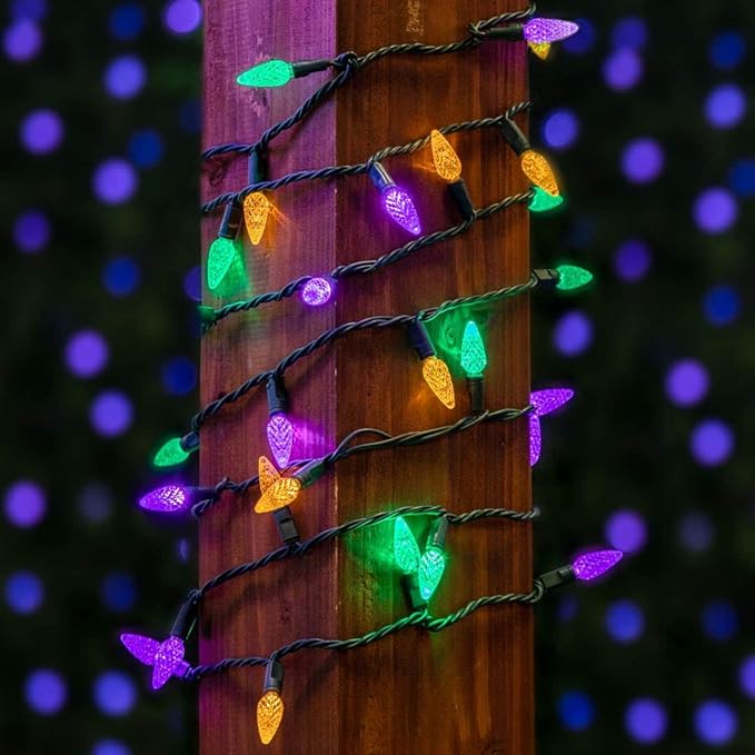 70 Light 24Ft Mardi Gras Lights Commercial String Lights C6 LED Strawberry Faceted Bulb – Yellow/Purple/Green, Green Wire, Indoor/Outdoor, Full Wave No Flicker, Connect 43 Sets