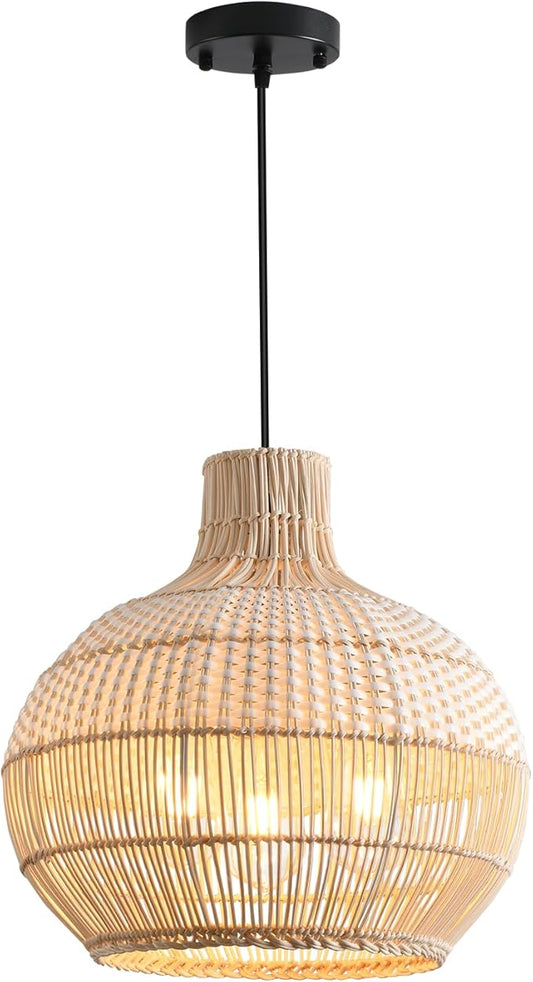 15" Rattan Pendant Light Fixture,3-Light Hand-Woven White Wicker Basket Chandelier Boho Faux Rattan Hanging Lamp,for Dining Living Bedroom Kitchen1-Pack