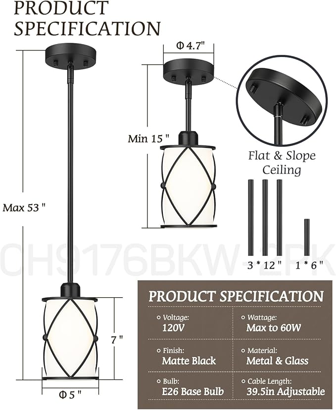 Glass Pendant Lights Kitchen Island, 2 Pack Modern Black Pendant Light Fixtures with Frosted Glass and Rod, Mid Century Cage Pendant Light for Kitchen Sink Dining Room, CH9176BKW-2PK
