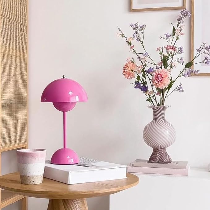 Modern Flower Bud Lamp 12" Cordless Touch Lamp Dimmable 2600mAh Rechargeable Desk Lamp Nordic Minimalist Mushroom Lamp Nightstand Bedside Lamp for Bedroom Living Room(Pink) No Reading Light