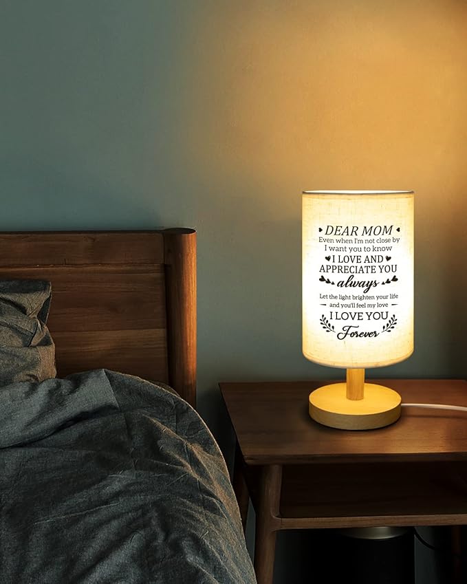 Gifts for Mom from Daughter Son, Moms Birthday Gift Fabric Lamp, Valentines Day Retirement Birthday Gifts for Mother Table Lamp with Wooden Stand, I Love You Mom Gifts