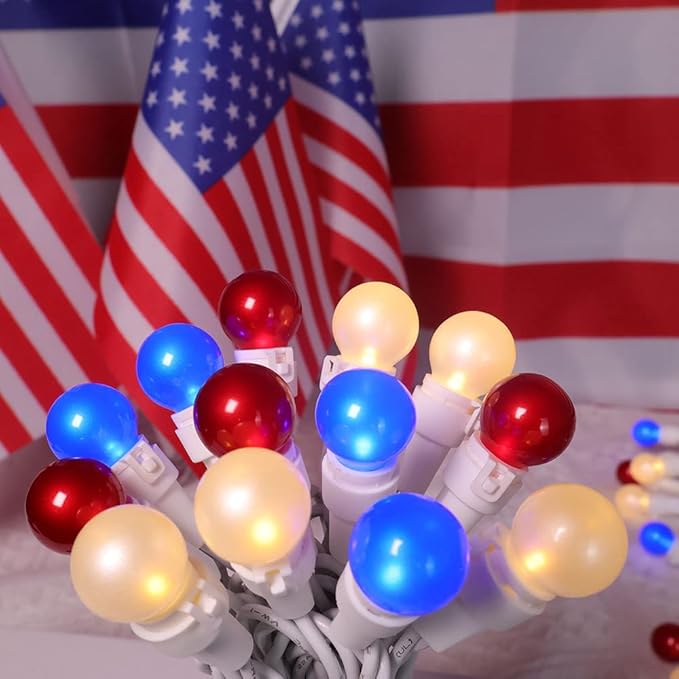 Red White Blue Christmas Lights White Wire - G15 Glass 50 Count 4th July Decoration Patriotic Mini String Lights for Indoor Outdoor Xmas Holiday Party Patio Independence Day Decoration