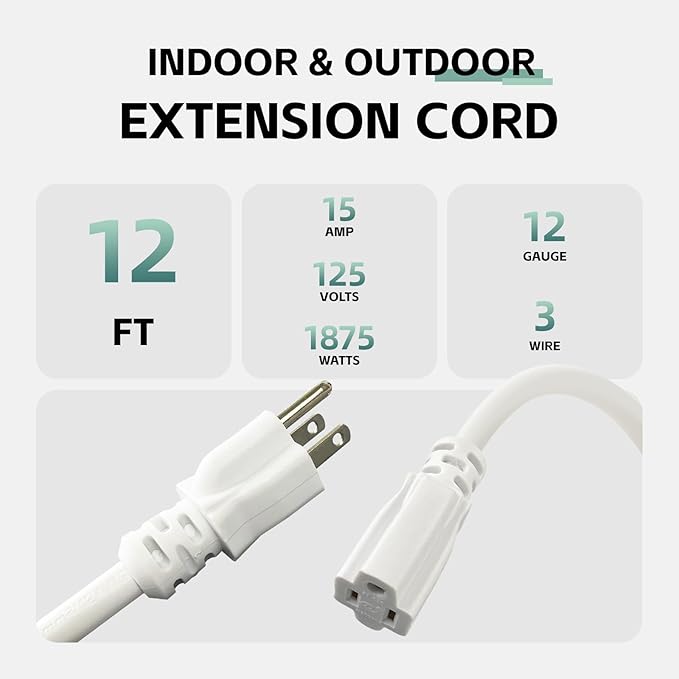 12 Ft Outdoor Extension Cord - 12/3 SJTW Heavy Duty White Extension Cable with 3 Prong Grounded Plug - Power Cord for Lawn, Garden, Appliances