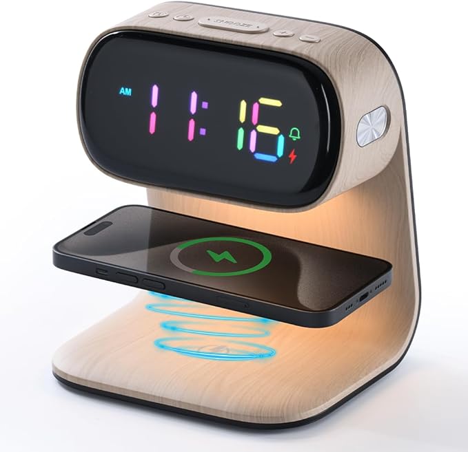 WILIT Digital Alarm Clock with Wireless Charging for Bedroom,Colorful LED Display,Dimmable Night Light with Snooze Function,Modern Bedsides Lamp Clock for Bedroom,Kids,Teens,Gift for Men, Women(Wood)