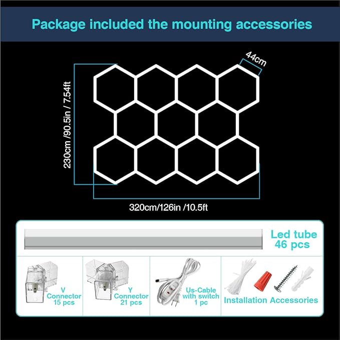Dimmable Hexagon Garage Lights: Upgraded 3 Level Dimmable 46 Pack 11 Ceiling Honeycomb Hexagon LED Lights 6500K for Garage Basement Warehouse Auto Beauty Shop Car Detailing Shop etc.