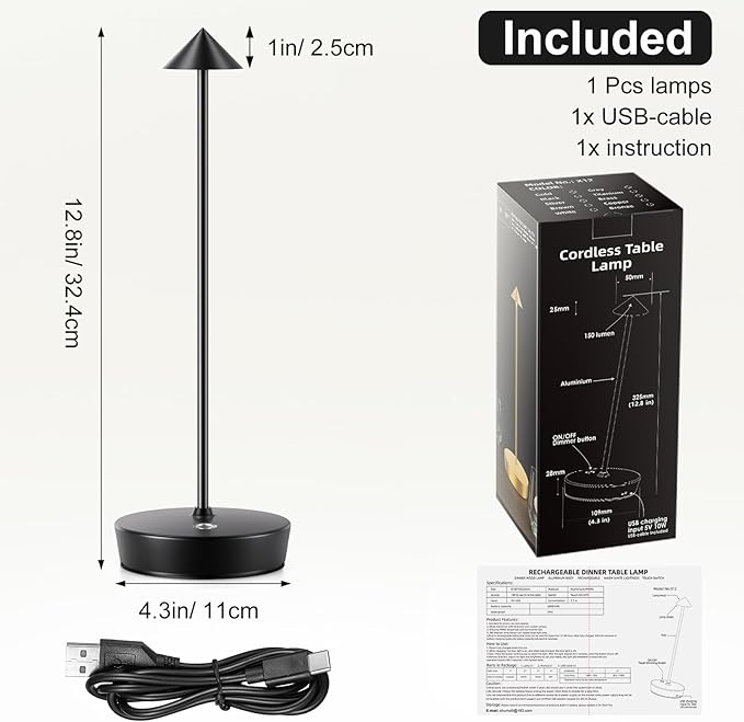 Cordless Battery Powered Table Lamp, Rechargeable LED Dimmable Brightness Metal 6000mAh Touch Table Lamp Portable Modern Design for Restaurant Indoor & Outdoor(Black 2 Pack)