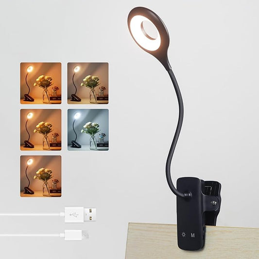 Desk Lamp LED Clip on Light, 5 Modes 5 Brightness Dimmable Clamp Light, Rechargeable Battery Flexible Clip on Reading Lamp for Bed Headboard Bunk Bed at Night for Kids (Black)