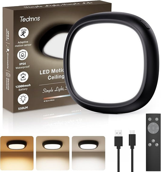 Motion Sensor Rechargeable Ceiling Light with Remote, IP54 Waterproof 12000mAh Wireless Shower Lights, Battery Operated Closet Light Sensored Indoor LED Overhead Lighting No Wiring for Hallway Garage