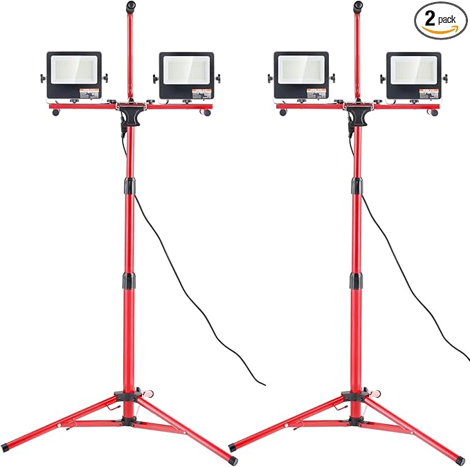 VEVOR LED Work Light with Stand, 2PCS 10000 Lumen Dual-head LED Work Light with 27.6"-68.1" Adjustable and Foldable Tripod Stand, IP65 Waterproofed LED Tripod Work Light, with 5000 K Color Temperature