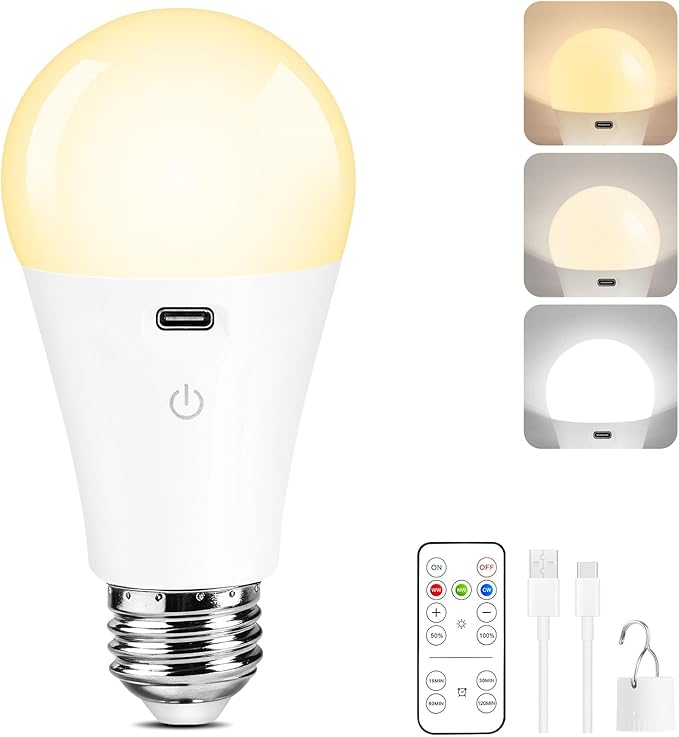 Rechargeable Light Bulbs with Remote Control, Dimmable Battery Operated Light Bulbs with 3 Color Temps and 4 Timer, A19 Wireless Light Bulbs for Sconce, Not-Hardwired, 1 Pack