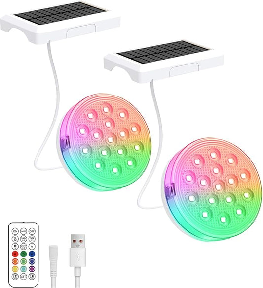 Solar Pool Lights, Rechargeable Submersible LED Lights with Remote, IP68 Waterproof Built-in Magnet Solar Underwater Light for Above Ground/Inground Pools, Pond Decoration(2 Pack)