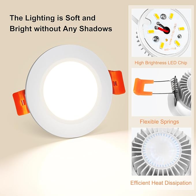 YGS-Tech 3 Inch LED Recessed Lighting, Dimmable Downlight 5W(40W Halogen Equivalent), CRI80, 4000K Natural White, Ceiling Light with LED Driver(4 Pack)