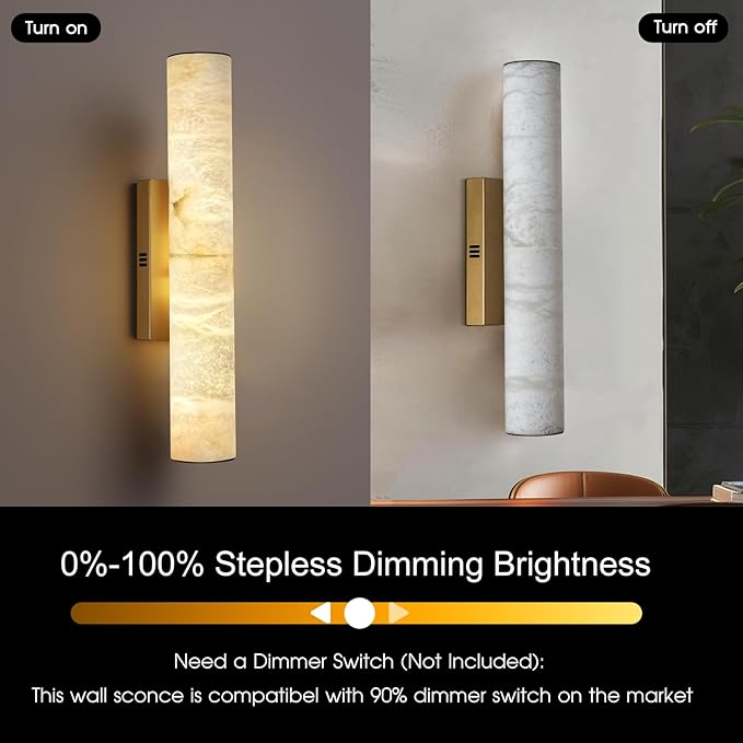 Gold Alabaster Wall Sconces Set of 2, Spanish Natural Marble Wall Sconce, 20" Brass Wall Sconce for Bathroom, Indoor Stone Wall Sconces Dimmable, Alabaster Wall Light for Living Room, Bedroom, Hallway