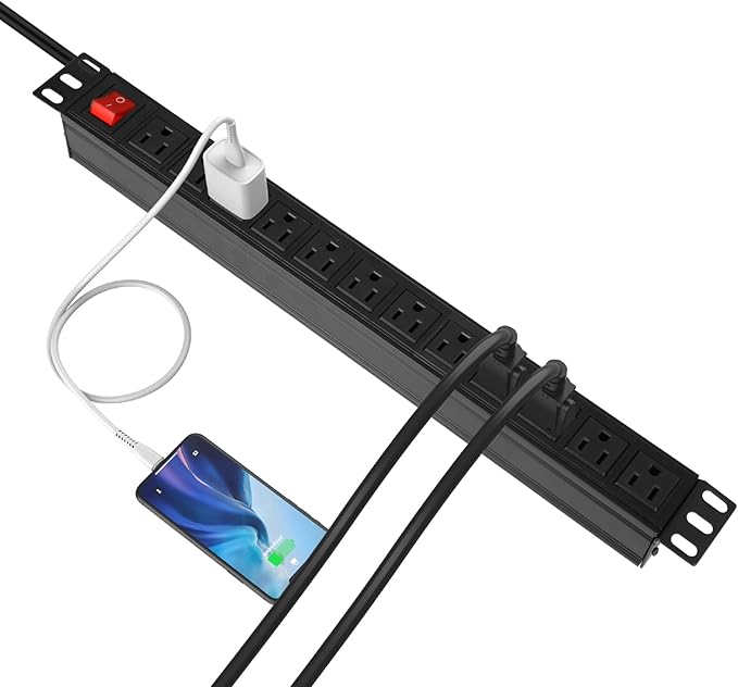 BTU Power Strip Surge Protector Rack-Mount PDU, 12-Outlet Power Strip with Switch, Metal Mountable Heavy Duty for Server Racks, Garage, Shop Workbench, Industrial Commercial Use (Black 6FT)