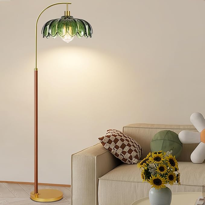 Wood Floor Lamps for Living Room,Gold Floor Lamp with Remote Control & Glass Lampshade,Arc Flower Lamp Dimmable Mid Century Modern Standing Lamp Vintage Farmhouse Tall Floor Lamp For Bedroom Corner