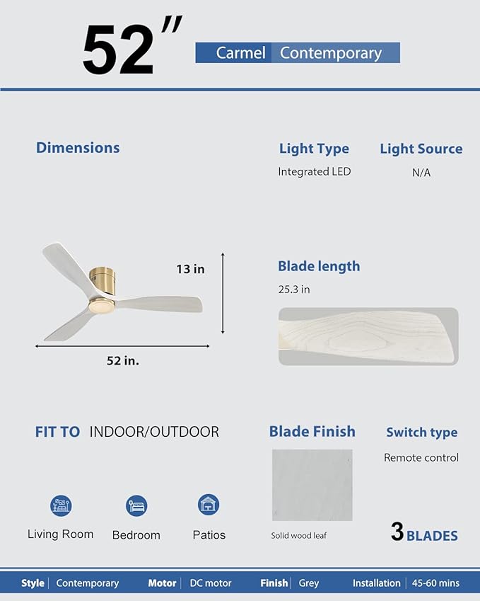 52'' Low Profile Ceiling Fans No Light with Remote Control, Flush Mount Ceiling Fan Without Lights,Outdoor Ceiling Fan for Patios Noiseless DC Motor,White wood blades Golden body
