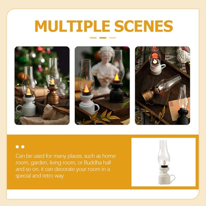 Zerodeko Kerosene Lamp Vintage Flameless Table Lamp Led Kerosene Lantern Clear Hurricane Lamp Battery Operated Nightstand for Bedroom Living Room White