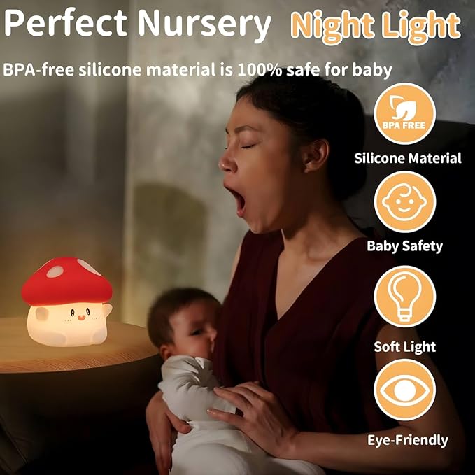 Mushroom Night Light Squishy Lamp, 50Hrs Battery Kids Nightlight, Tap Control, 30Min Auto-Off, Rechargeable Kawaii Bedside Lamp for Girls Room Decor, [Easter Gifts]