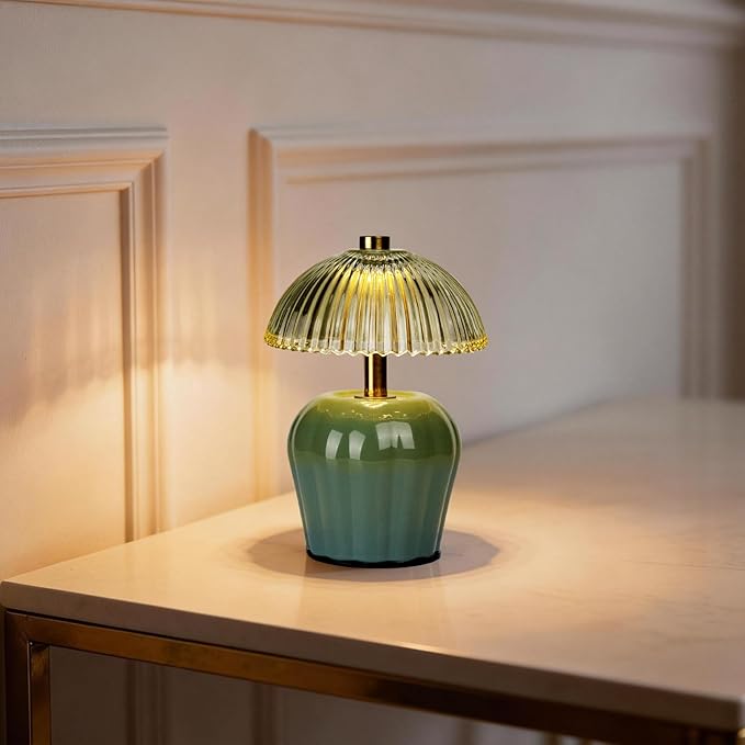 MJ PREMIER Small Cordless Lamp, Battery Operated Lamp with Timer, Mini Crystal Glass Mushroom Lampshade, Cute Small Table Lamps, Decorative Led Light for Bedroom Living Room Shelf (Green)