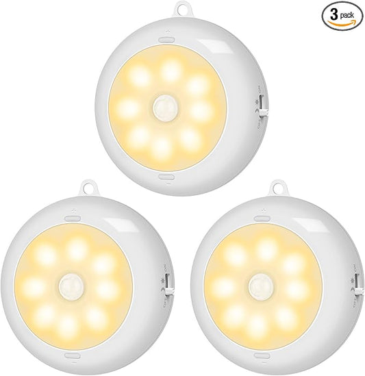 BLS 3.3” Motion Sensor Light Indoor AA Battery Powered, Under Cabinet Lighting Battery Operated, Magnetic Stick on LED Puck Nights Lights for Kitchen, Wall, Stair, Dimmable, 3000K Warm White (3 Pack)