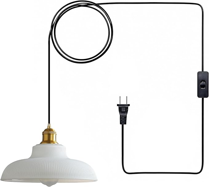 Plug in Pendant Light: Hanging Light Plug in Milk Glass Hanging Lamp, Pendant Lighting for Kitchen Island, Bedroom, Dining Room, Living Room, No Bulb