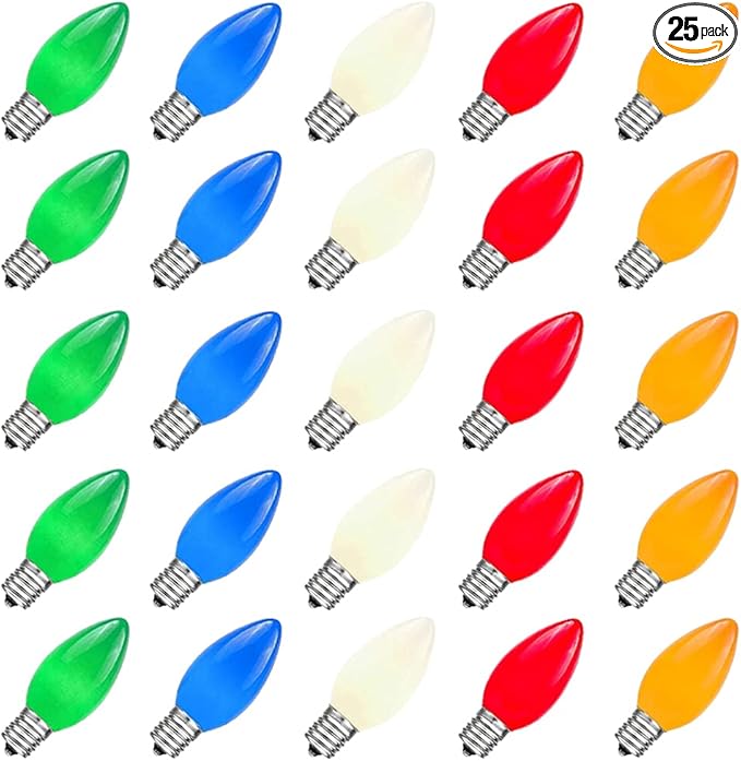 25 Pack C9 Multicolor Christmas Light Bulbs, C9 Multicolor Ceramic Replacement Bulbs for Christmas String Lights, E17 Intermediate Base 7W Night Light Bulbs for Indoor Outdoor Holiday Decor