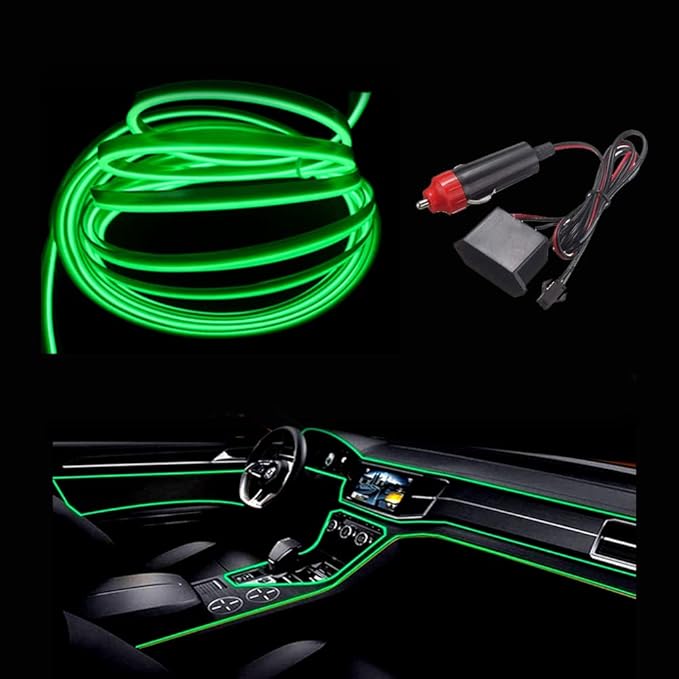 MaxLax El Wire Green Interior Car LED Strip Lights, 10m neon Wire 12V with Fuse Protection for Automotive Car Interior Decoration with 6mm Sewing Edge