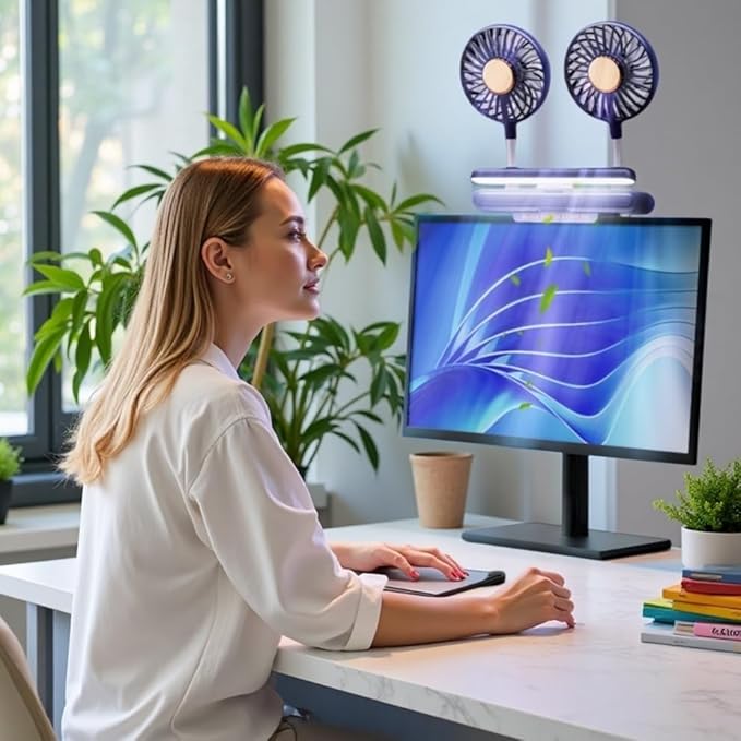 Reading stand lamp 3-Level Dimmable Clip-On desktop lights with Dual Gooseneck Fans, 360° Air Circulation Screen-Mounted Cooling Light for Office/Gaming Setup (Deepsea Blue)