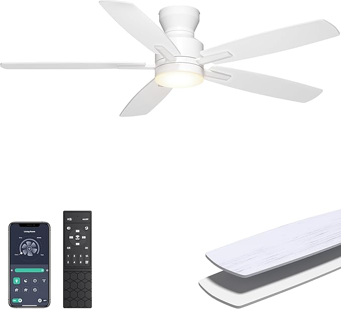Ohniyou Ceiling Fans with Lights, 52'' Low Profile Ceiling Fan with Light and Remote/APP Control, Modern Flush Mount Ceiling Fan for Indoor Bedroom Living Room, Dimmable, Qiuet DC Motor, White