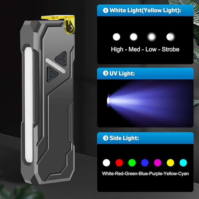 Rechargeable Flat EDC Flashlight with Yellow Light Diffuser UV Black Light Magntic Bace Clip for Home Use and Camping Dog Walking Outdoor Activitie