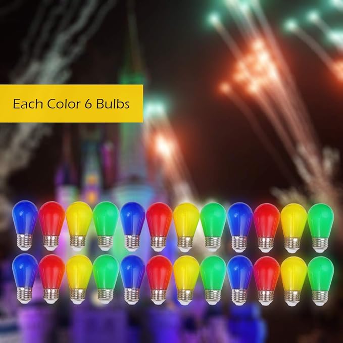 24-Pack S14 Colored LED String Light Bulbs Replacement, E26 Base 1W Plastic Shatterproof Waterproof, Christmas Light Bulb Red, Green, Yellow, Blue
