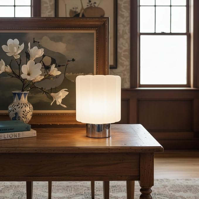 Brightech Addison LED Table Lamp – 9” Small Modern Desk Light with Fluted, Frosted White Glass Shade, Chrome Metal Base - Warm Ambient Light, Decorative Ambient Lamp for Bedroom, Living Room, Bedside