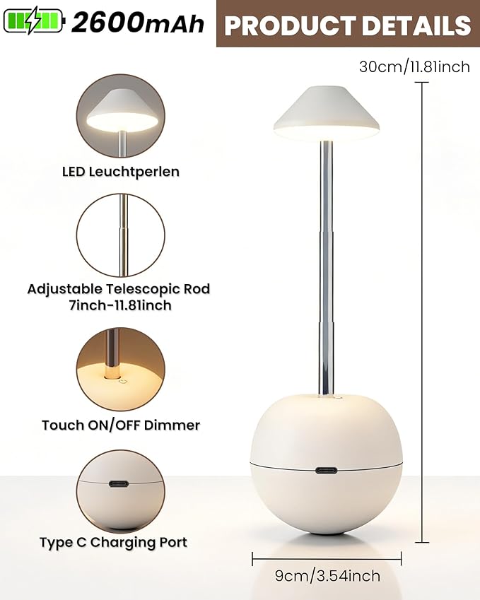 yadoker Tumbler Table Lamp with Remote, Cordless Touch Bedside Lamp, Rechargeable USB Small Lamp for Nightstand, Multiple Colors Dimmable Mushroom Shape Night Light for Nursery, Bedroom
