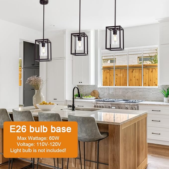VINLUZ Modern 1-Light Cage Kitchen Island Pendant Lighting with Glass Shade Oil Rubbed Bronze Chandeliers Dining Room Lighting Fixtures Hanging Semi Flush Mount Ceiling Lights Bedrooms Hallway