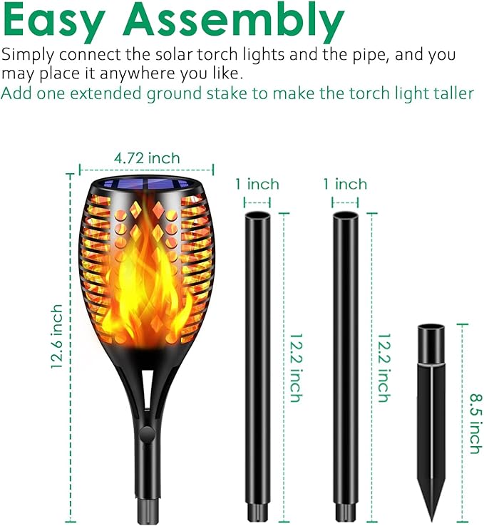 TomCare Solar Lights, 43" Waterproof Flickering Flames 96 LED Torches Outdoor Landscape Decoration Lighting Auto On/Off Pathway Lights for Garden Patio Yard, Black(4)