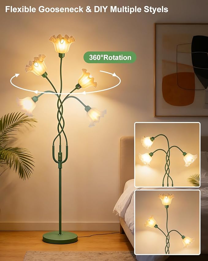 Lightdot Flower Floor Lamp for Living Room, Modern Tree Floor Lamp with DIY Goosenecks & Bulbs Included, Spring Green 3 Light Floral Standing Tall Lamp for Bedroom/Kid's Room/Sofa Beside/Corner Decor