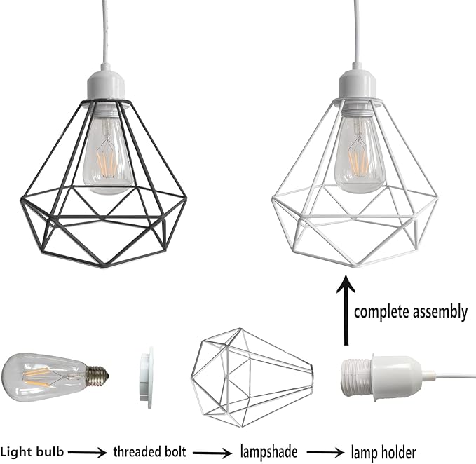 Industrial Mini Pendant Light Kit, E26 Vintage Style White Cord Hanging Light Fixture for Farmhouse Bedroom Home Ceiling Chandelier Decors (White)