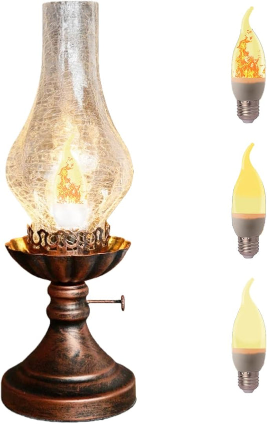 Vintage Table Lamp - 3 Modes Dimmable Retro Rustic Desk Lamp with Crackle Glass Shade, Antique Victorian Style, E26 Bulb Included, Ideal for Bedroom, Living Room, Home Decor (Transparent Glass)