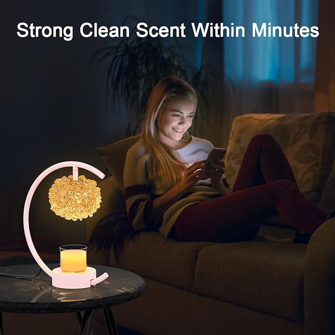 Pink Candle Warmer Lamp for Jar Candles with Adjustable Brightness＆Timer，Handcrafted Crystal＆Wooden Base,Candle Lamp Luxurious Design+2Bulbs,Home Decoration Electric Candle lamp(C-Shaped)