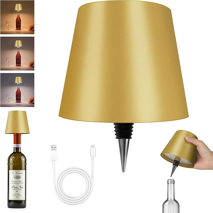 2025 New Wireless Bottle Lamp - LED Bottle Lights for Liquor & Wine Bottles, Cordless Lampshade, Whiskey Bottle Top Light,Golden Yellow Rechargeable 3-Tone Touch-Dimmable