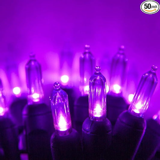 Wintergreen Lighting 50 Purple T5 LED Halloween and Christmas Lights, 25.5 ft Green Wire Indoor/Outdoor Commercial Grade Mini String, Holiday and Party Decorations