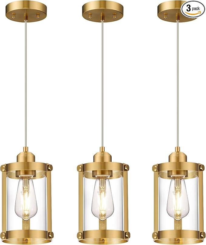 Brushed Gold Pendant Lights Kitchen Island 3 Pack, Modern Kitchen Pendant Lighting Over Island with Clear Glass, Farmhouse Brass Mini Hanging Light for Kitchen Sink Dining Room, OS-3014-3PBGC