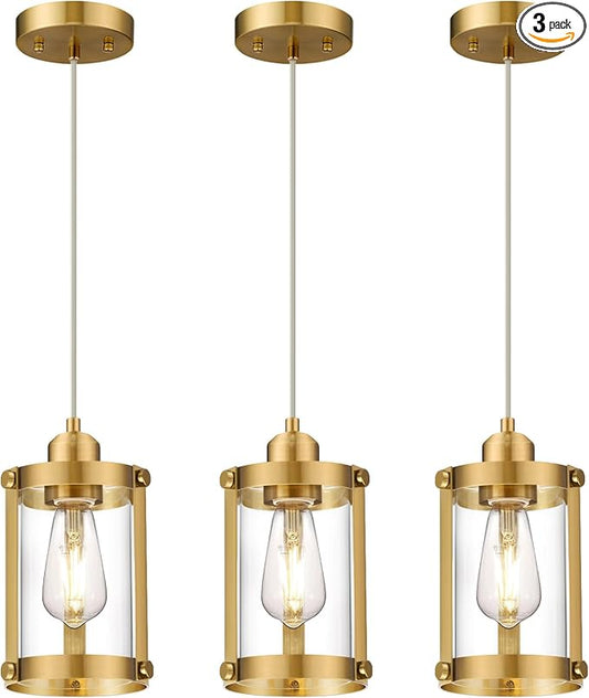 Brushed Gold Pendant Lights Kitchen Island 3 Pack, Modern Kitchen Pendant Lighting Over Island with Clear Glass, Farmhouse Brass Mini Hanging Light for Kitchen Sink Dining Room, OS-3014-3PBGC
