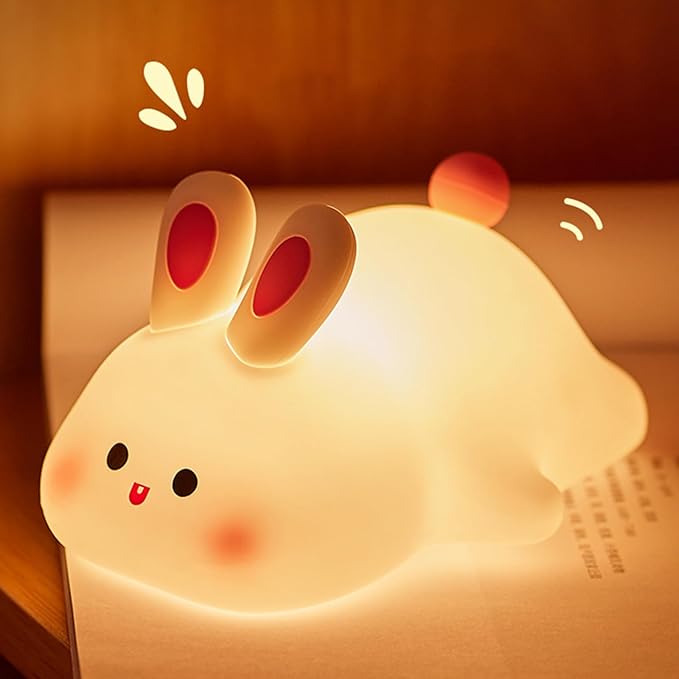 Cute Bunny Night Light, Squishy Rechargeable Bunny Lamp Kids Easter Gift, Big Face Rabbit Decor, Mom or College Girl Gifts, Dimmable Bunnies, Nursery Touch Nightlight, Safe Silicone
