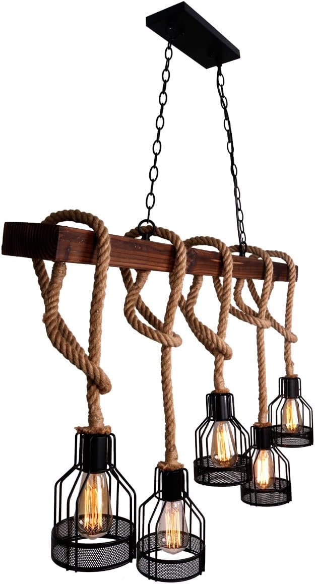 Farmhouse Pendant Lights Kitchen Island, Kitchen Light Fixtures, Rustic Dining Room Light Fixture with 5 E26 Bulb Sockets, Black Metal and Wood Beam Ceiling Pendant Light Fixtures