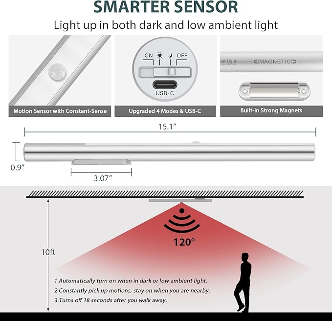 BLS 48 LED Closet Lights, Motion Sensor Light Indoor, 4500mah Build-in Large Rechargeable Battery, Wireless Under Cabinet Lighting for Kitchen/Pantry/Wardrobe/Wall/Stair, 6000K Clean White (2 Pack)