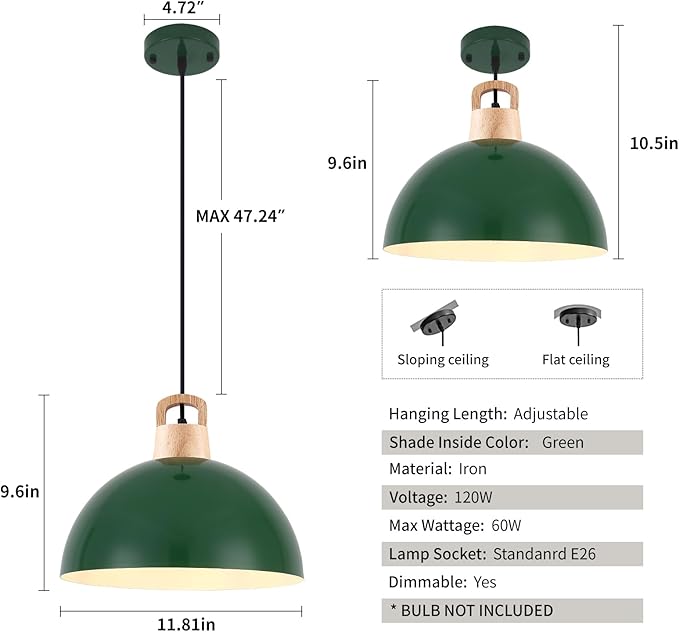 Farmhouse Pendant Light 11.8 inches, 3 Packs- Green Industrial Kitchen Pendant Lights for Library, Office, Kitchen Island, Bedroom
