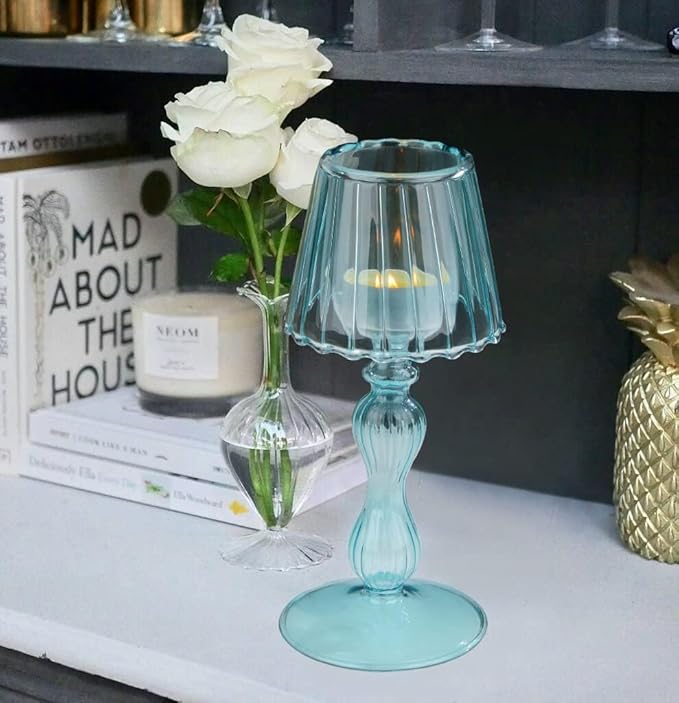 Desk Lamp Shaped Glass Candle Holder - Glass Hurricane Candleholder Crystal Decorative Candle Stand for Table Wedding Dinning Centerpieces Party Supplies Festival Decor Blue